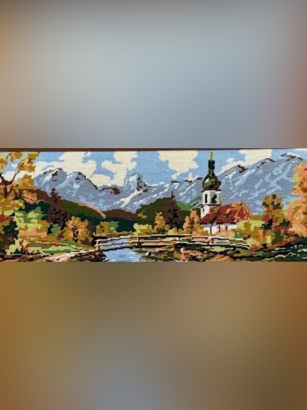 Vintage Handmade Needlepoint Tapestry of Alpine Landscape with domed Church